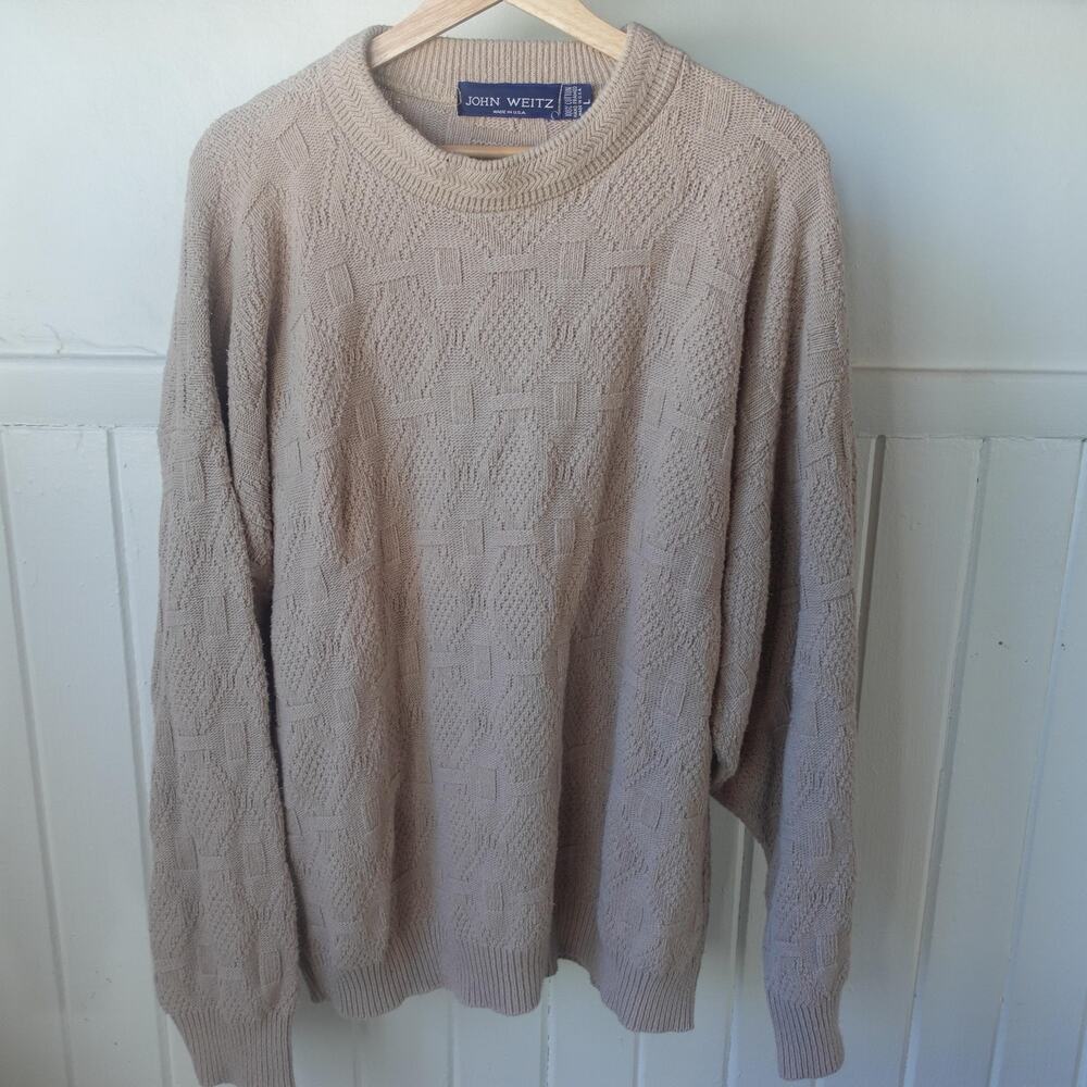Vintage 90s Sweater Mens Large Beige Chunky Textured Knit Cotton Grandpacore USA